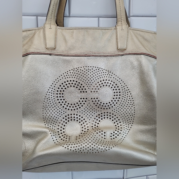 Coach Audrey Gold Metallic Leather Medium Size Tote Soft Pebble Leather Zip Clos - Picture 2 of 13